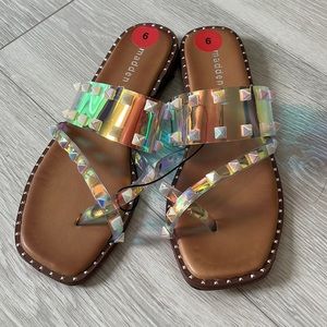 MADDEN GIRL New!! Heidi Holographic Studded Slip on Flats Sandals—Size 6–